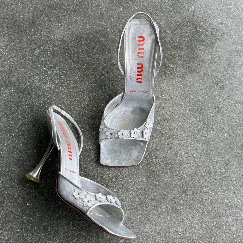 Miu Miu Silver Metallic Floral Heels - Picture 7 of 8